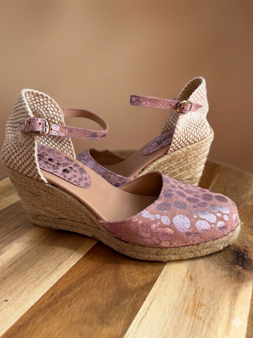 Helene Rouge Spain Pink Metallic Polka Dot Espadrille Wedge Sandals Sz 9 Leather